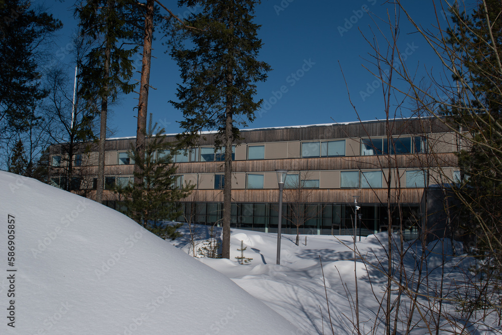 UMEA, SWEDEN - MARCH 29, 2023: Umea university building. Taken on a sunny winter day. UMEA, SWEDEN - MARCH 29, 2023: Umea university building. Taken on a sunny winter day.