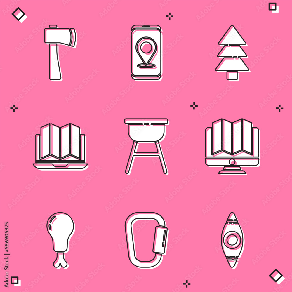 Set Wooden axe, City map navigation, Tree, Location of the forest in laptop, Barbecue grill, monitor, Chicken leg and Carabiner icon. Vector Set Wooden axe, City map navigation, Tree, Location of the forest in laptop, Barbecue grill, monitor, Chicken leg and Carabiner icon. Vector