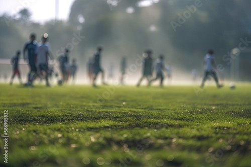 Blurred Soccer Field at School. Young Soccer Players Training on Pitch. Soccer Stadium Grass Background. Generative AI