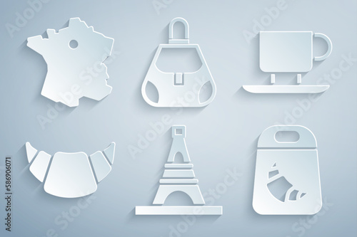 Set Eiffel tower  Coffee cup  Croissant  package  Handbag and Map France icon. Vector