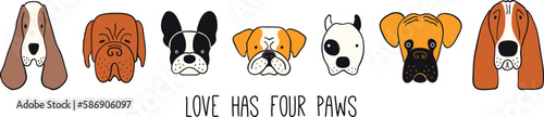 Cute funny dog, puppy faces border. Hand drawn color vector illustration. Line drawing. Domestic animals collection, isolated. Design concept for pet food, branding, business, vet, print, banner