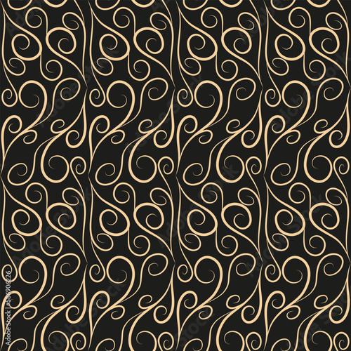 Seamless pattern, golden linear pattern, monogram on a dark background. Design for banner, leaflet, print, poster, wallpaper, fabric. Abstract geometry. 