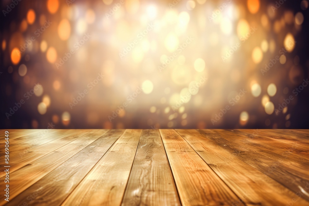 Background for photography with wooden floor and golden lights bokeh effects Generative AI Illustration Background for photography with wooden floor and golden lights bokeh effects Generative AI Illustration