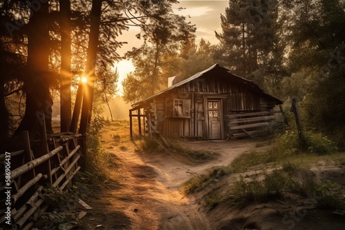 Old wooden shack, hut, shed, house sitting alone in a dreamy woodland setting.