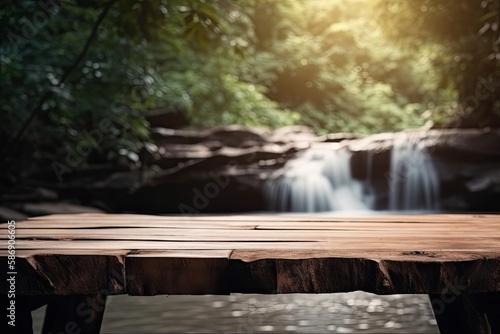 serene wooden table with a stunning waterfall in the background. Generative AI