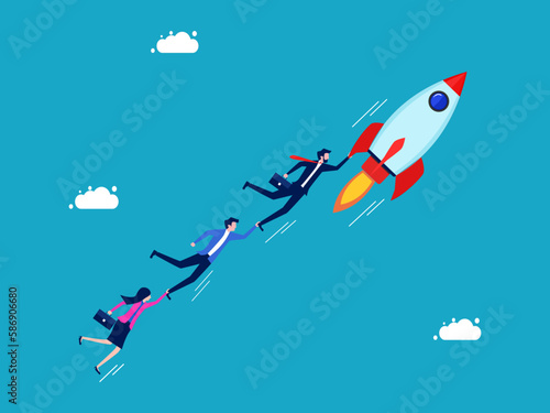 Freedom and innovation. Businessman staff clinging to a rocket. business and investment concept vector