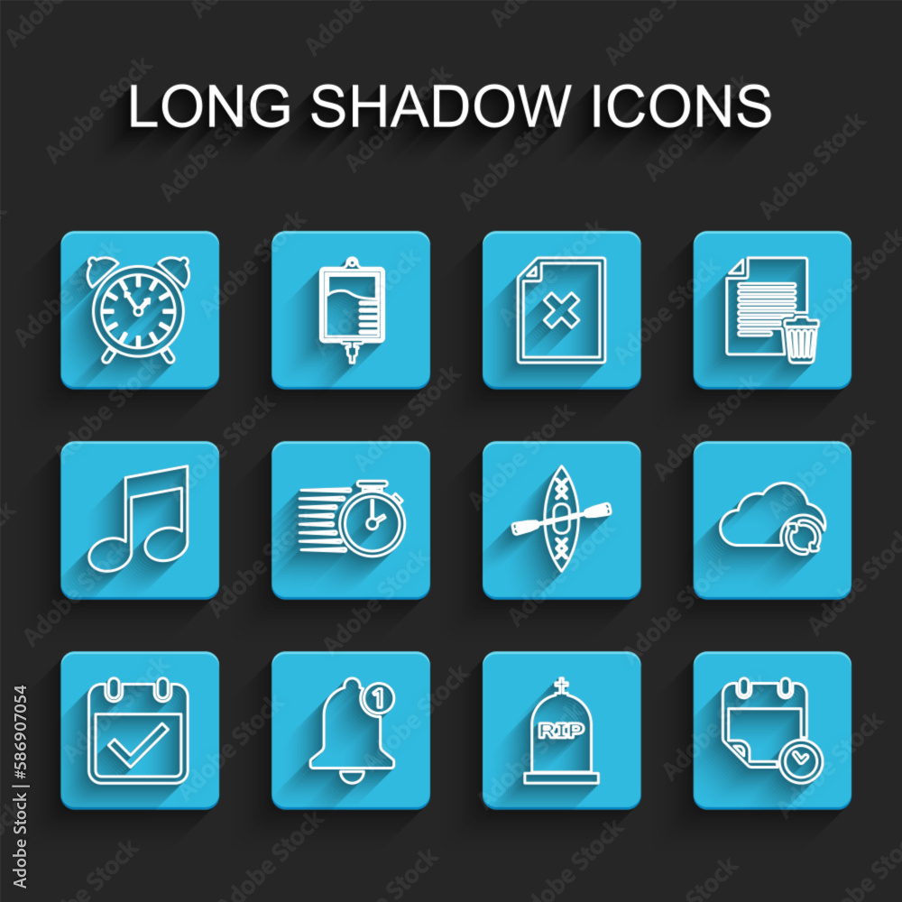 Set line Calendar with check mark, Bell, Alarm clock, Tombstone RIP written, and, Stopwatch, Cloud sync refresh and Kayak paddle icon. Vector Set line Calendar with check mark, Bell, Alarm clock, Tombstone RIP written, and, Stopwatch, Cloud sync refresh and Kayak paddle icon. Vector