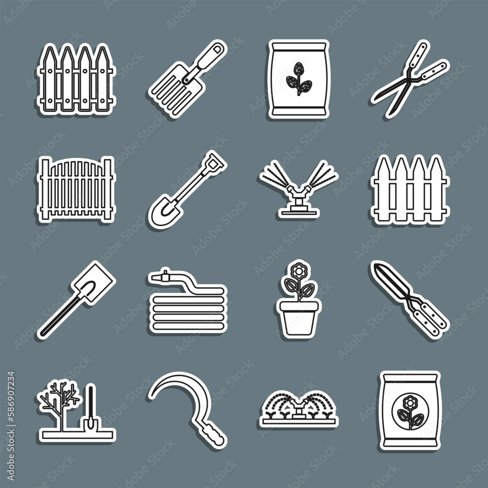 Set line Fertilizer bag, Gardening handmade scissor, fence, shovel, and Automatic irrigation sprinklers icon. Vector Set line Fertilizer bag, Gardening handmade scissor, fence, shovel, and Automatic irrigation sprinklers icon. Vector