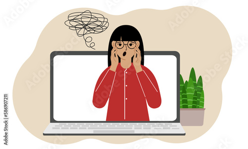 Online consultation with a psychologist. Laptop with a woman with confused thoughts. Psychotherapeutic practice, psychiatric consultation.