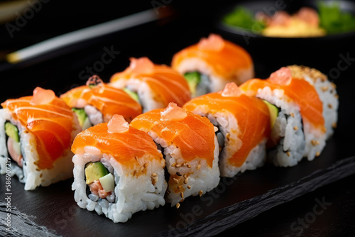 Close-up the finest of Uramaki sushi, Japanese. Ai generated.