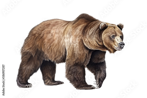 an isolated grizzly bear running and walking  side-view portrait  North American  mountain-themed photorealistic illustration on a transparent background in PNG. Ursus arctos horribilis. Generative AI