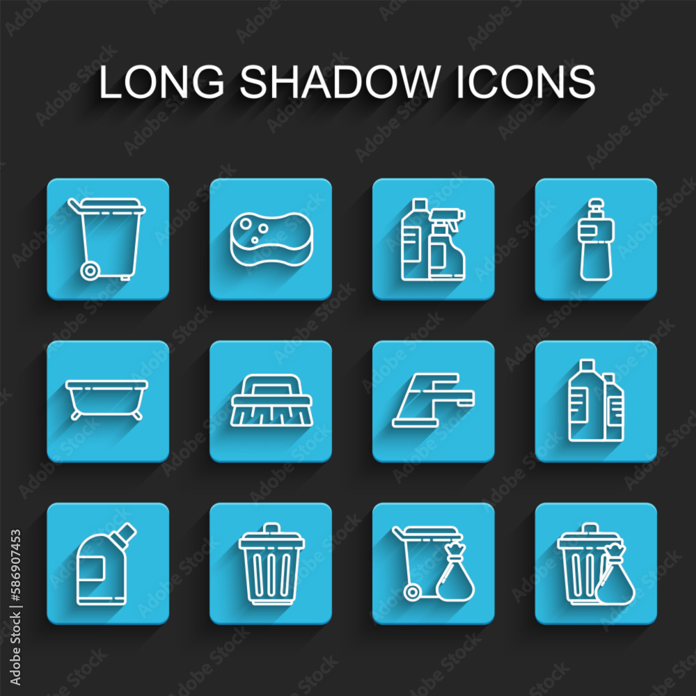 Set line Bottles for cleaning agent, Trash can, and garbage bag, Brush, and Water tap icon. Vector Set line Bottles for cleaning agent, Trash can, and garbage bag, Brush, and Water tap icon. Vector