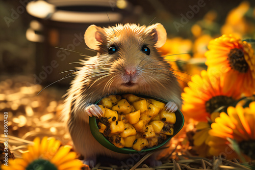 A silly-looking hamster wearing a sunflower hat and sunglasses  eating a corn on the cob with its tiny paws and looking content