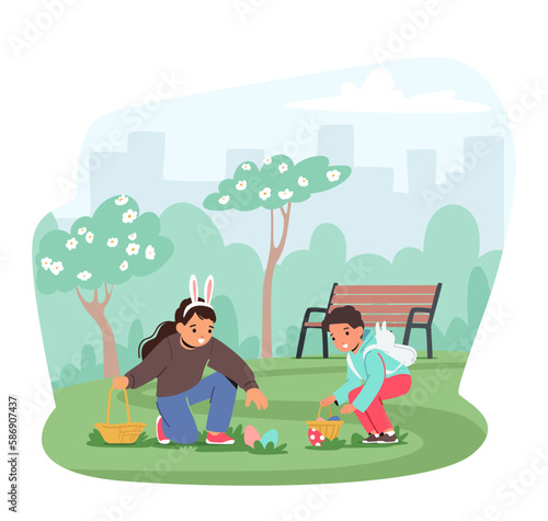 Kids Excitedly Scour A Park For Eggs With Basket In Hand. Colorful Eggs Are Hidden Amidst Trees And Grass Illustration