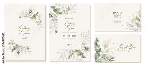 Set of wedding invitations, thank you and rsvp cards in rustic style with green leaves and branches in watercolor style. Vector