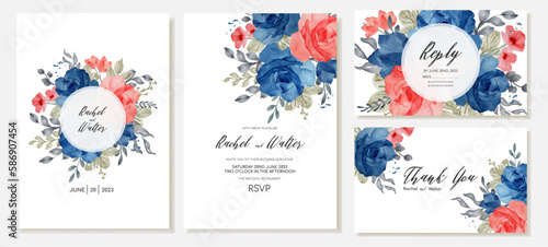 Wedding invitation, thank you cards and rsvp with watercolor flowers, blue and red roses, leaves. Vector