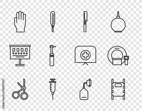 Set line Medical scissors, Stretcher, saw, Syringe, rubber gloves, Tooth drill, oxygen mask and Tomography icon. Vector
