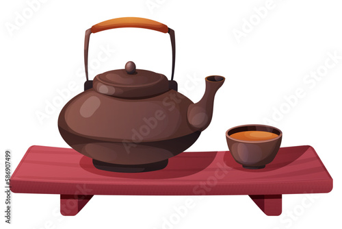 Traditional Japanese kettle or teapot with cups on wooden table, tea ceremony in cartoon style isolated on white background