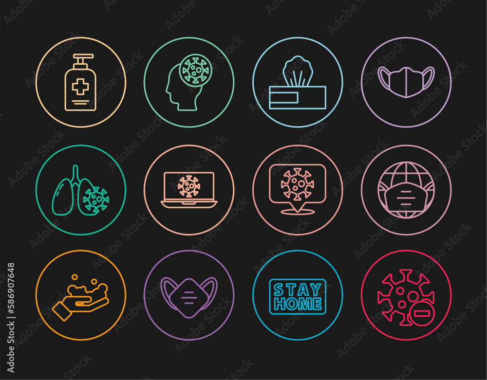 Set line Negative virus, Earth with medical mask, Wet wipe pack, Virus statistics on laptop, cells in lung, Liquid antibacterial soap, Corona location and Human and icon. Vector Set line Negative virus, Earth with medical mask, Wet wipe pack, Virus statistics on laptop, cells in lung, Liquid antibacterial soap, Corona location and Human and icon. Vector