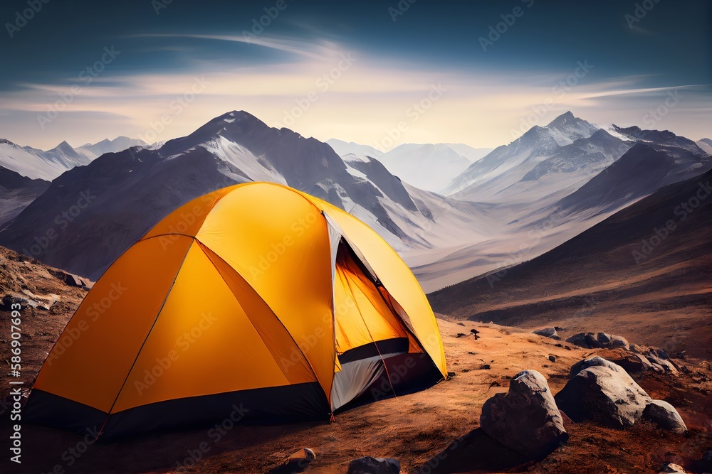 Camping Tent in high mountain with mountain background and clear sky, Hiking concept ai generative