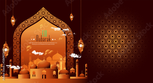 Islamic greetings Eid Mubarak with crescent moon gold luxurious template islamic wallpaper 3d style