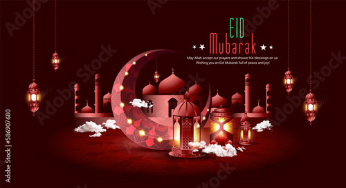 Islamic greetings Eid Mubarak with crescent moon gold luxurious template islamic wallpaper 3d style