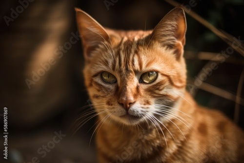 young domestic cat photo on a blurred background. Generative AI © AkuAku