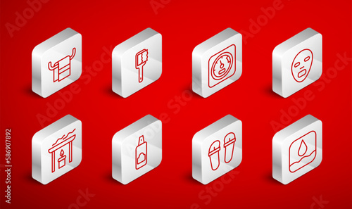 Set line Water drop, Sauna brush, thermometer, Facial cosmetic mask, Flip flops, Towel on hanger, Spray can for hairspray and Aroma candle icon. Vector