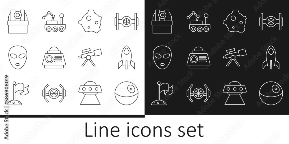 Set line Planet, Rocket ship, Asteroid, Space capsule, Alien, Astronomical observatory, Telescope and Mars rover icon. Vector