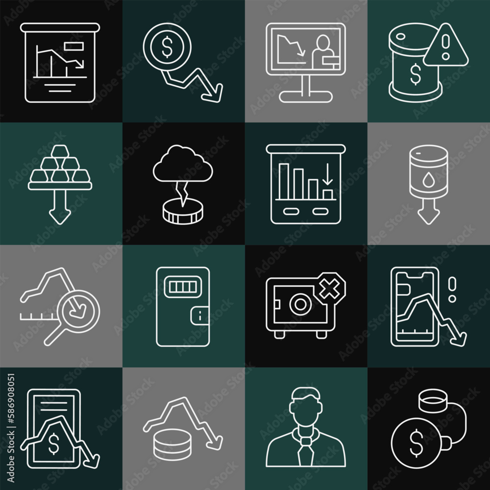 Set line Debt ball chained to coin, Mobile stock trading, Drop crude oil price, Global economic crisis news, Storm, Gold bars, Pie chart infographic and icon. Vector Set line Debt ball chained to coin, Mobile stock trading, Drop crude oil price, Global economic crisis news, Storm, Gold bars, Pie chart infographic and icon. Vector