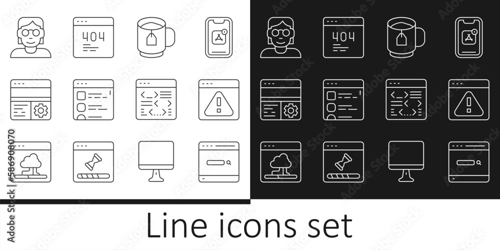 Set line Search engine, Browser with exclamation mark, Cup of tea tea bag, files, Debugging, Hacker or coder, Software and Page 404 error icon. Vector Set line Search engine, Browser with exclamation mark, Cup of tea tea bag, files, Debugging, Hacker or coder, Software and Page 404 error icon. Vector