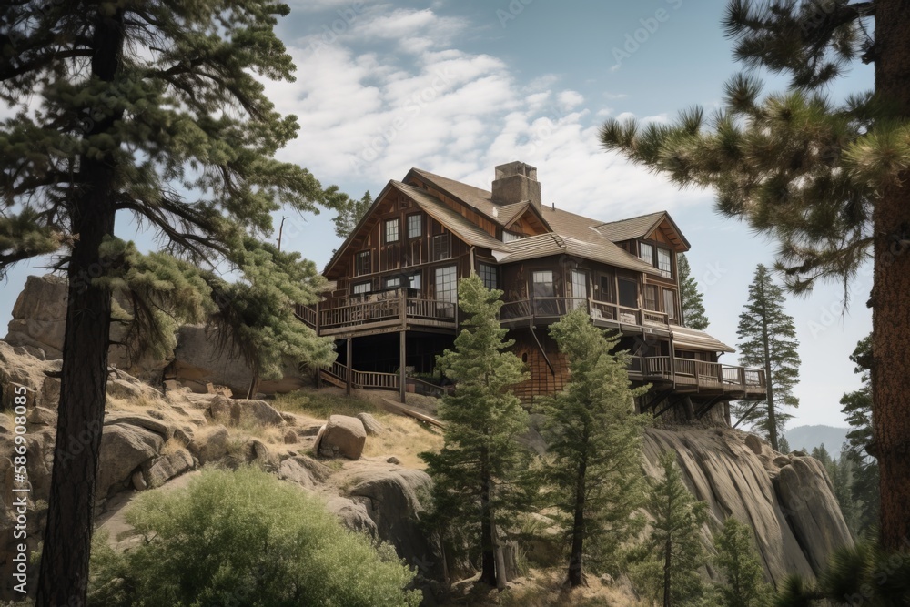 Mountain Lodge sitting alone in a mountain setting. With a golden sunset Mountain Lodge sitting alone in a mountain setting. With a golden sunset