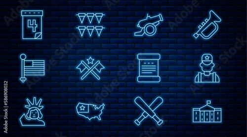 Set line United States Capitol Congress, Sheriff cowboy, Cannon, American flag, Calendar with date July 4, Declaration of independence and Carnival garland flags icon. Vector