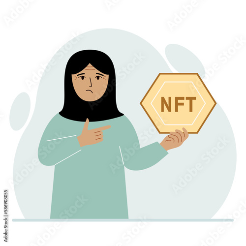 NFT concept. The muslim woman is holding nft in his hand. Works of art using non-fungible tokens for auctions, sale and purchase of works of art.