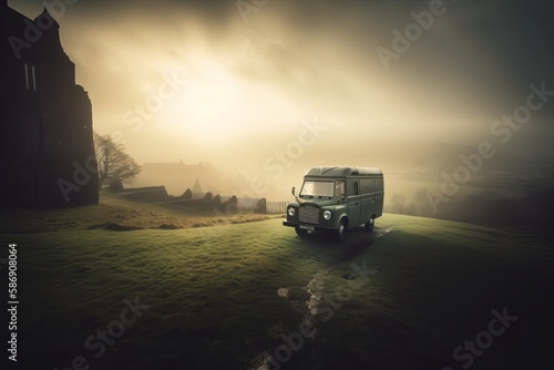 Vintage car in a winters countryside setting with snow and old castle ruins.