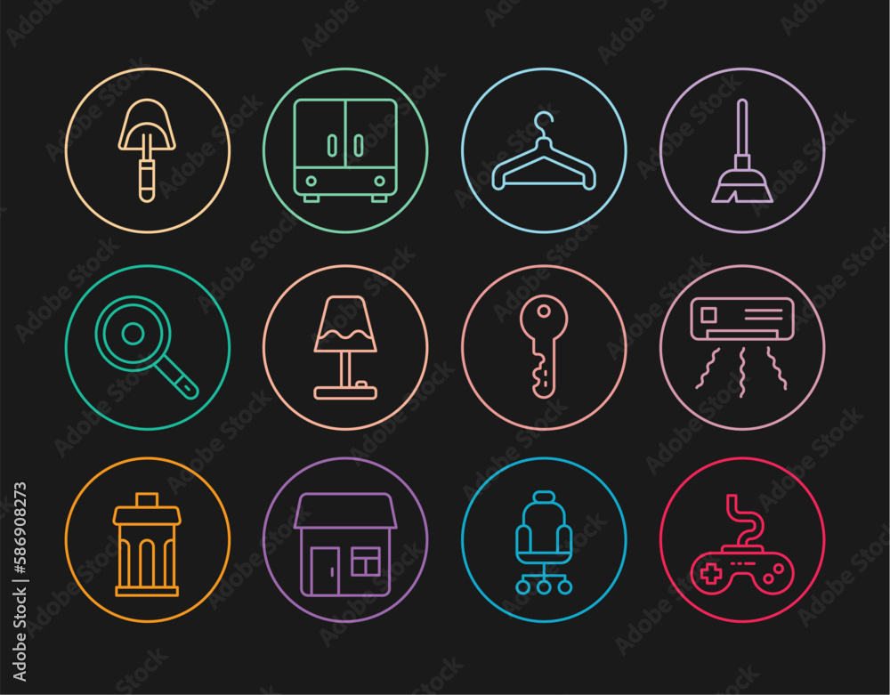 Set line Gamepad, Air conditioner, Hanger wardrobe, Table lamp, Frying pan, Spatula, House key and Wardrobe icon. Vector Set line Gamepad, Air conditioner, Hanger wardrobe, Table lamp, Frying pan, Spatula, House key and Wardrobe icon. Vector