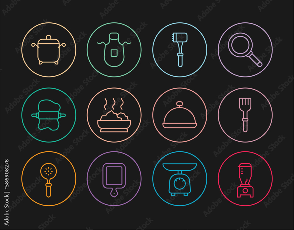 Set line Blender, Fork, Kitchen hammer, Bowl of hot soup, Rolling pin on dough, Cooking pot, Covered with tray food and apron icon. Vector Set line Blender, Fork, Kitchen hammer, Bowl of hot soup, Rolling pin on dough, Cooking pot, Covered with tray food and apron icon. Vector