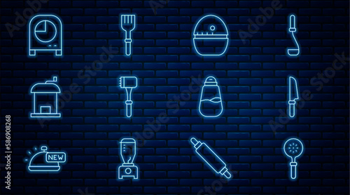 Set line Spatula, Knife, Kitchen timer, hammer, Manual coffee grinder, Salt and Fork icon. Vector