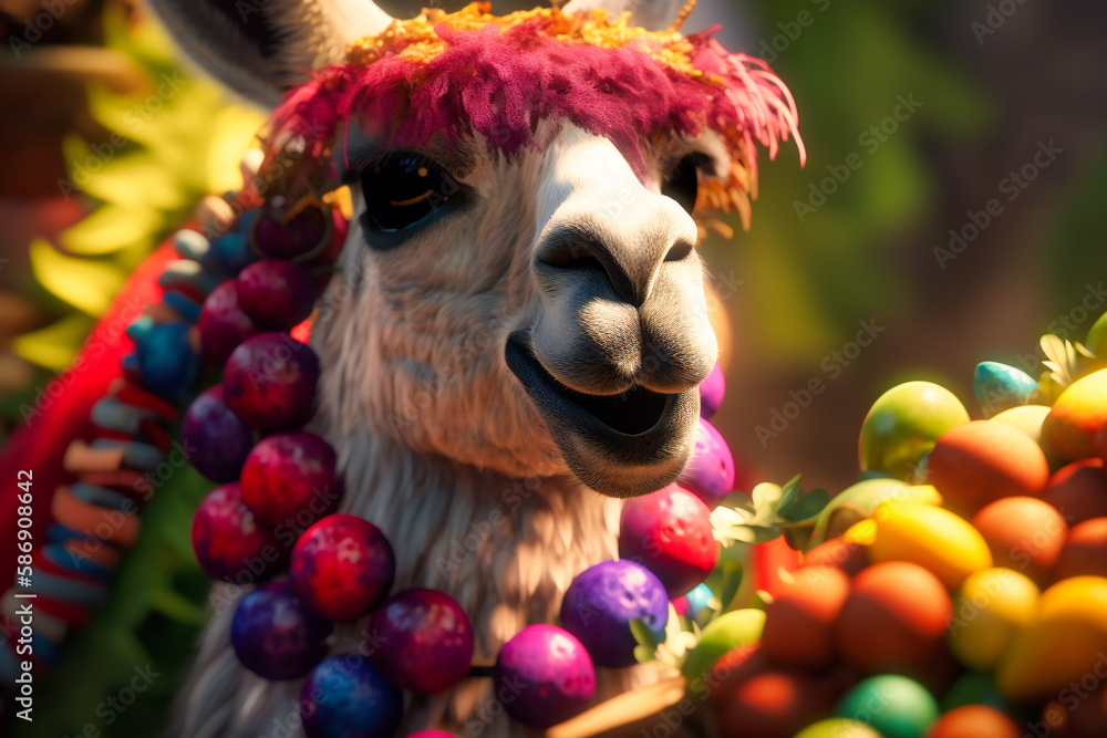 A silly-looking llama wearing a colorful bowtie and sunglasses, chewing on a big bunch of grapes while striking a pose for the camera