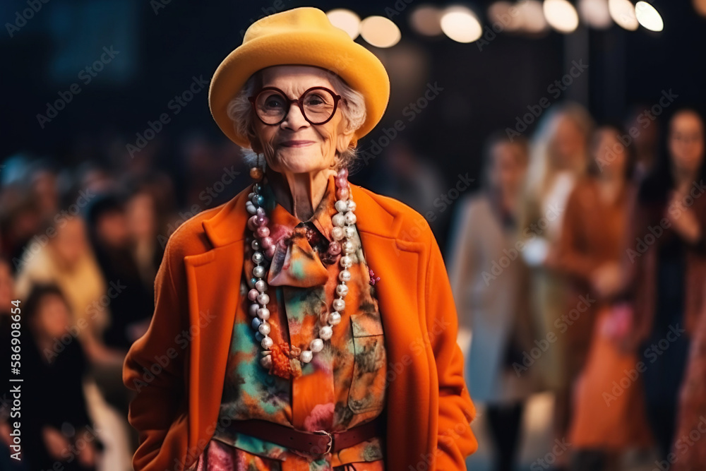 An old lady shows clothes at a fashion show. Generative AI illustration. a catwalk show event.