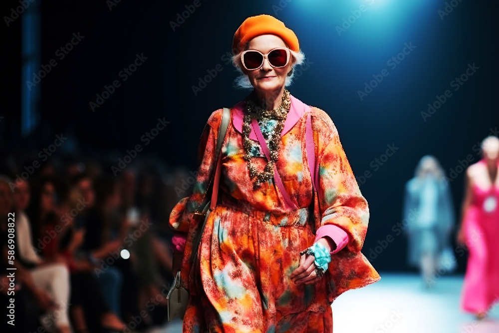 An old lady walks in clothes on the catwalk at a fashion show. Generative AI illustration. An old lady walks in clothes on the catwalk at a fashion show. Generative AI illustration.