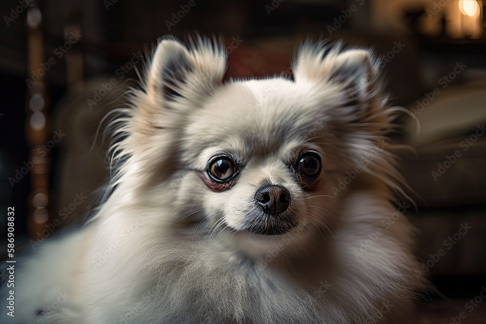 lovely fluffy white pomeranian, tiny pet friendly in home. Generative AI lovely fluffy white pomeranian, tiny pet friendly in home. Generative AI