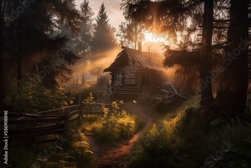 Old wooden shack, hut, shed, house sitting alone in a dreamy woodland setting. © MD Media