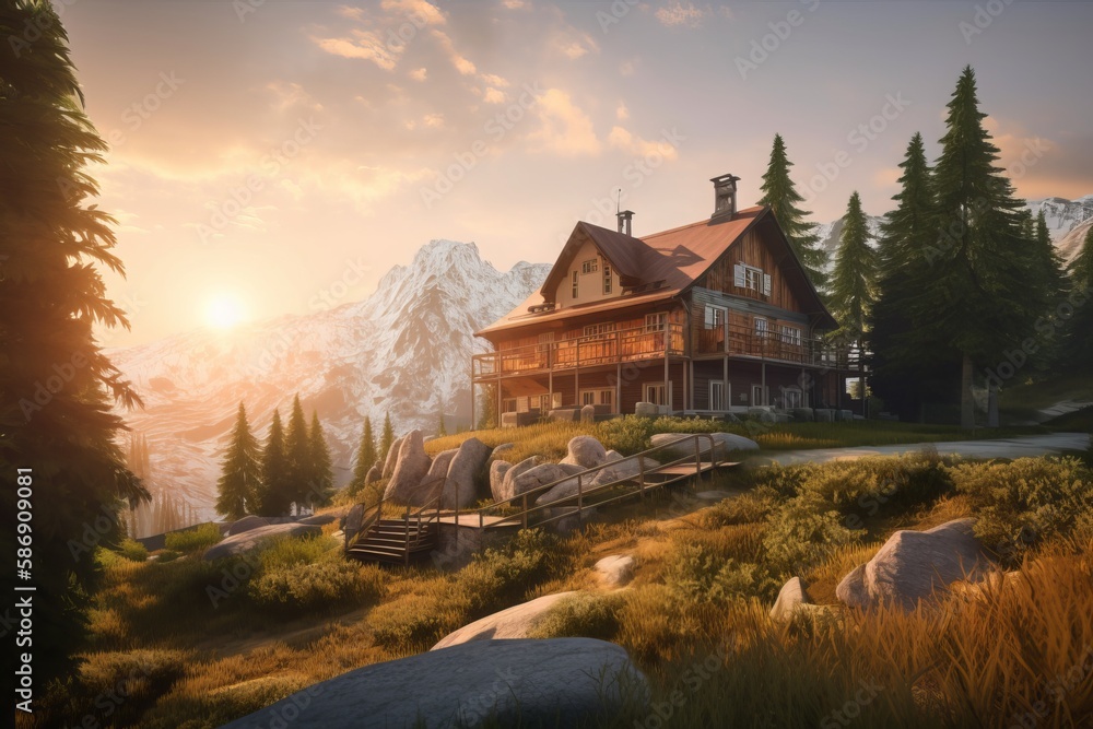 Mountain Lodge sitting alone in a mountain setting. With a golden sunset Mountain Lodge sitting alone in a mountain setting. With a golden sunset