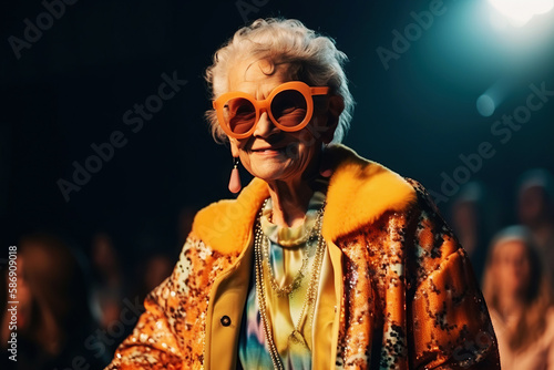 A trendy old lady walks along the catwalk in her clothes at a fashion show. Generative AI illustration.