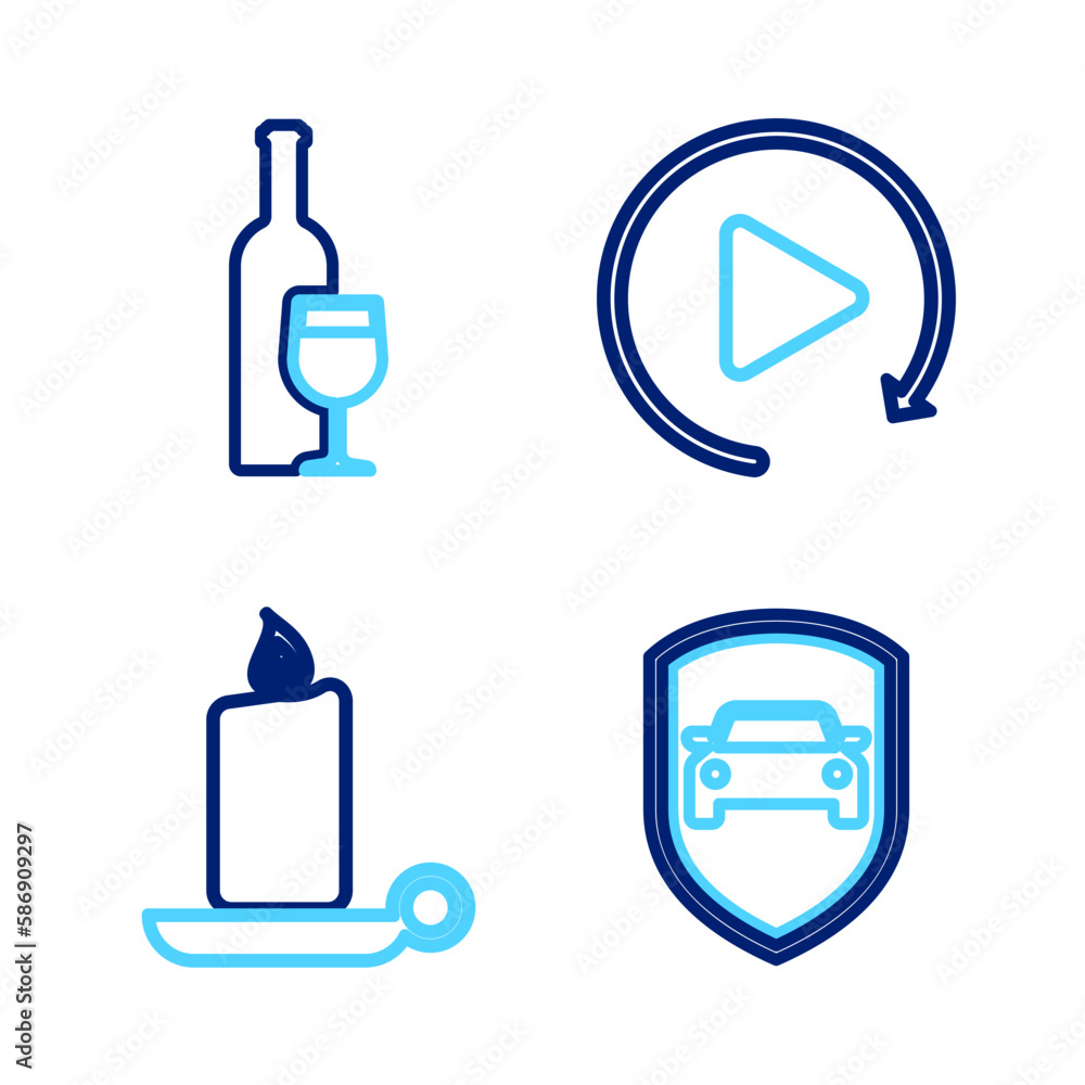 Fototapeta premium Set line Car protection or insurance, Burning candle candlestick, Video play button and Wine bottle with glass icon. Vector