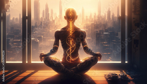 yoga pose An android meditating in Lotus pose against.Generative AI.