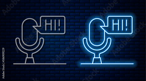 Glowing neon line Microphone voice device icon isolated on brick wall background. Microphone interpreter and alphabet letters. Vector