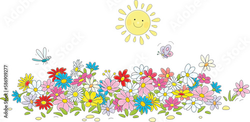 Happy sun shining over colorful garden flowers on a pretty flowerbed with a fluttering butterfly and a dragonfly on a warm summer day, vector cartoon illustration isolated on a white background