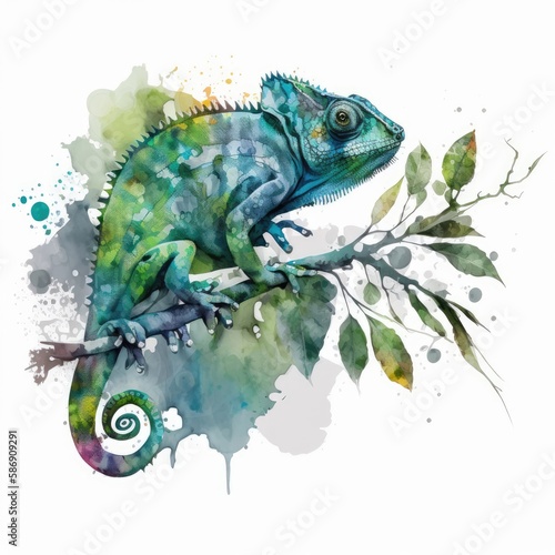 A watercolor chameleon clings to a branch Generative Ai